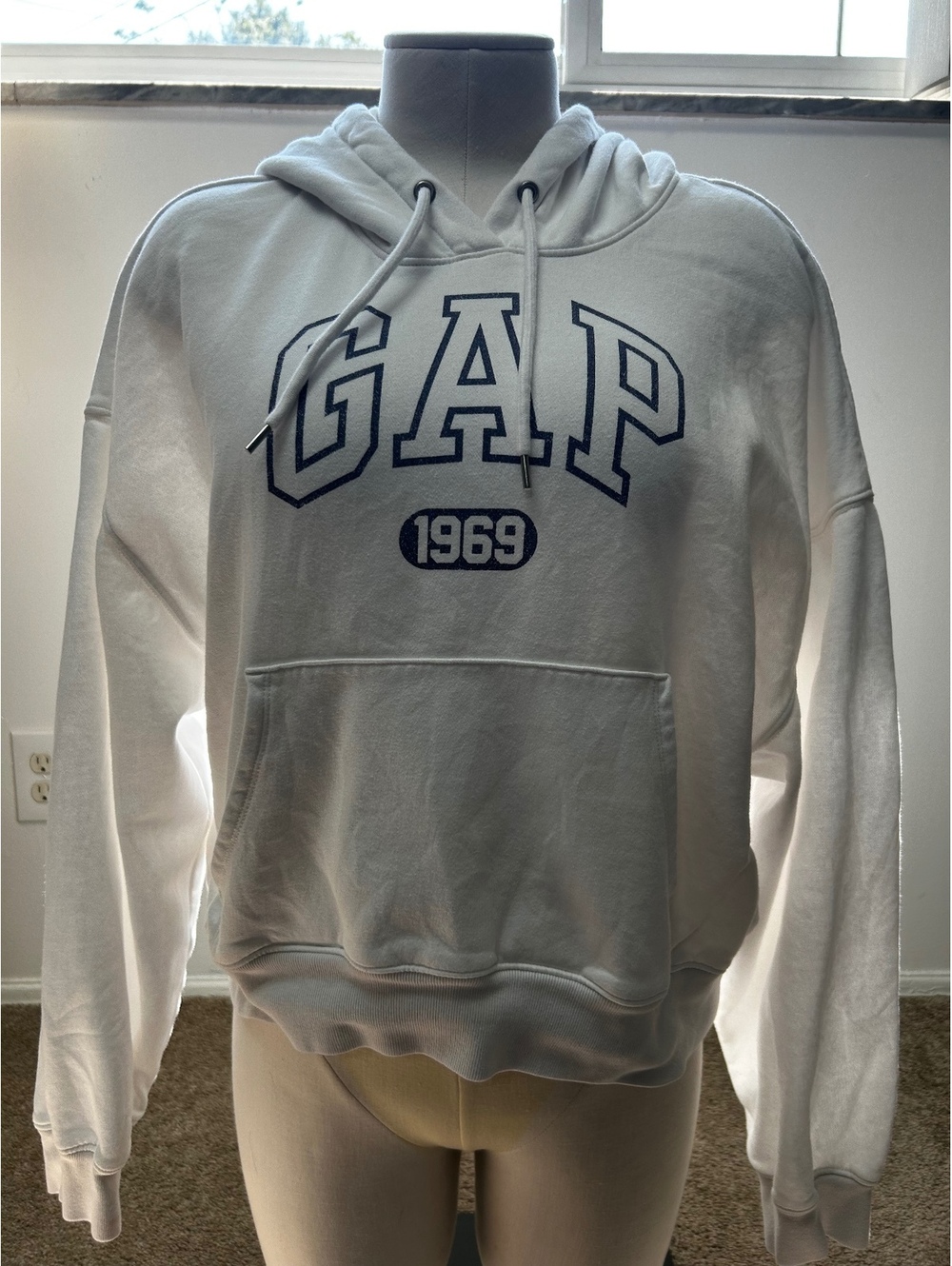 GAP 1969 White Fleece-Lined Hoodie Sweatshirt, Large Tall